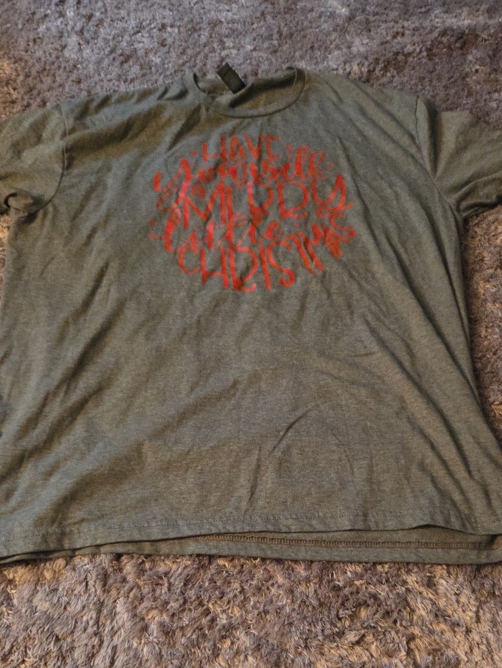 Gildan Olive Green Short Sleeve Tee with Red Script Graphic